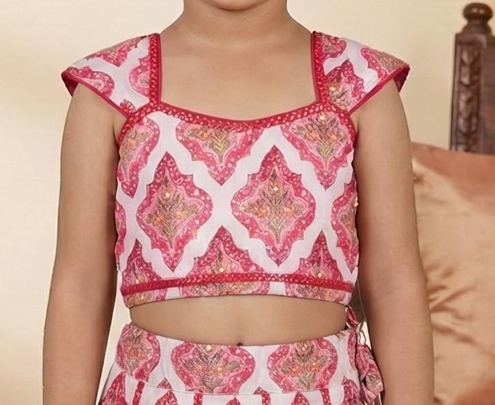 Image of Girls Rayon Lehenga Choli Set with Inner Cape | Lacework Floral Printed Kids Ethnic Wear | Traditional Indian Outfit for Girls (2-10 Years)