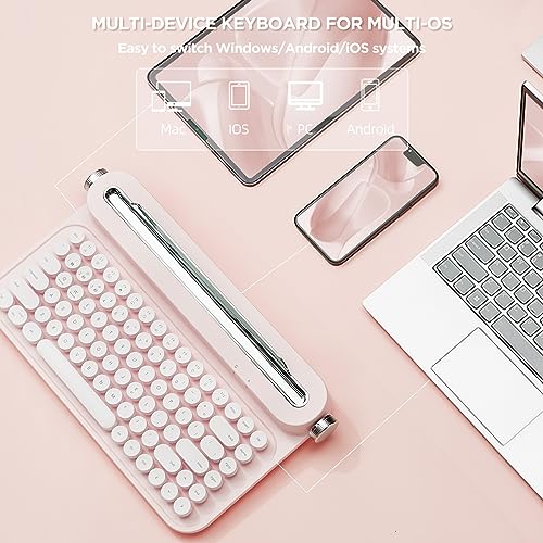 YUNZII ACTTO B305 Wireless Typewriter Keyboard, Retro Bluetooth Aesthetic Keyboard with Integrated Stand for Multi-Device (B305, Baby Pink) - Thumbnail 3