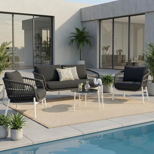 Image of Amazon Brand - Solimo Outdoor 4 Seater Sofa Set | Balcony Sofa | Patio Furniture Sets | Conversation Sets | Braid & Rope Garden 4 Seater Sofa Set with Center Table (White-Black)