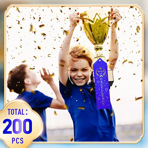 Award of Excellence Ribbons Award Ribbons Prize Ribbons Achievement Ribbon with Event Card and Rope for Kids Competition, Sports Event, Contests, School, Office Team (200 Pieces)