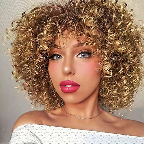 YEESHEDO Peluca Afro marrón rubio brasileño sintético rizado rizado natural para mujeres, Kinky Curly con flequillo pelucas cortas para mujer Cover