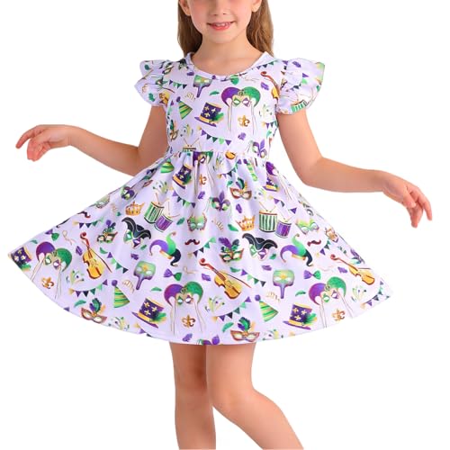 Toddler Girls Dress Mask Casual Print Dresses Flutter Sleeve Outfits 6-7Y