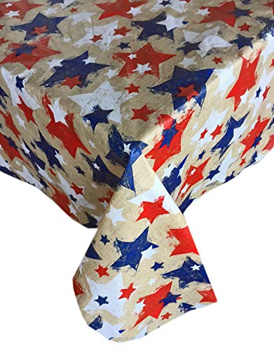 Newbridge Burlap Patriotic Stars Vinyl Flannel Backed Tablecloth - Rustic American Stars Red, White And Blue Vinyl Tablecloth, 70 Inch Round #TOP1