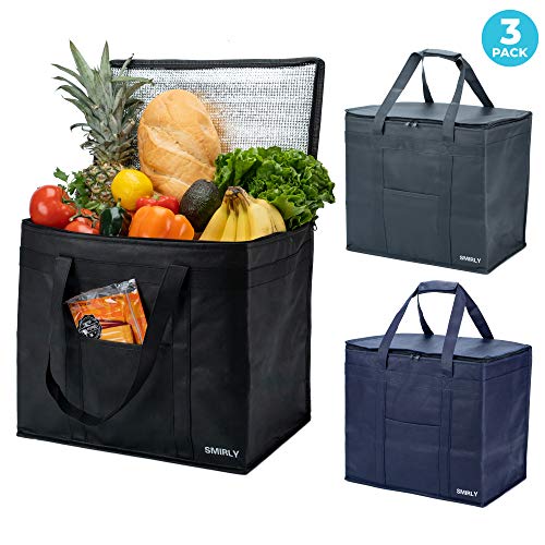 Smirly Insulated Reusable Grocery Bags: 3 Pack of Heavy Duty Thermal Insulated Grocery