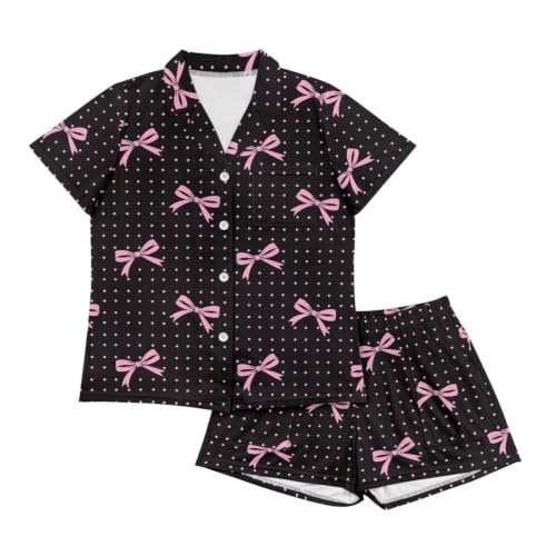 Image of Renewold Button Down Womens Pajama Set Short Sleeve Loungewear Bow Nightwear Sleepwear Night Suit Tops Shorts 2 Pieces