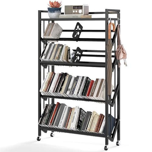 ybaymy Book Carts with Wheels, Library Rolling Book Cart 5 Tier Movable Bookshelf Mobile Large Capacity Organizer Rack for Teacher Classroom Office Room School (57.5'' H)