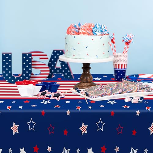 Image of QZYL 2 Pack 4th of July Tablecloth, 54 inch x 108 inch American Plastic Table Cover, Disposable Red White Blue Tablecloths Fourth of July Table Cloth, Patriotic Party Supplies Independence Day Decorations