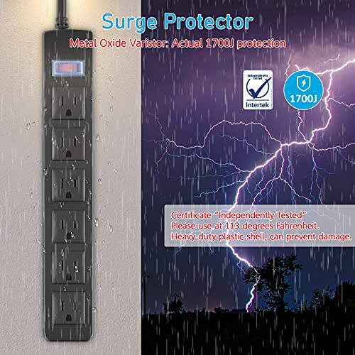 Image of Outdoor Power Strip Waterproof with 6 Outlets, Garden Weatherproof Surge Protector, Christmas Multiple Outlet Exterior Socket for Lighting Appliances. 6FT Extension Cord Strip with Flat Plug. Black