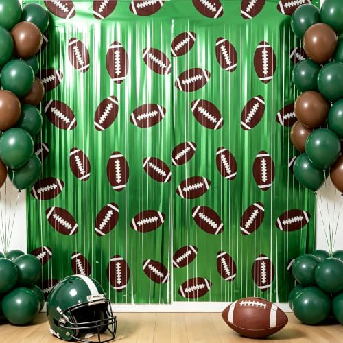 Image of TONIFUL 2Pcs Green Metallic Foil Fringe Curtains with Footballs Pattern