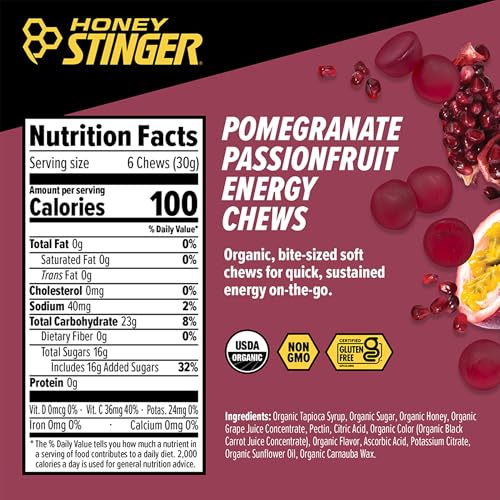 Image of Honey Stinger Organic Pomegranate Passionfruit Energy Chew, Gluten Free & Caffeine Free, for Exercise, Running and Performance, Sports Nutrition for Home & Gym, Pre and Mid Workout, 12 Pack