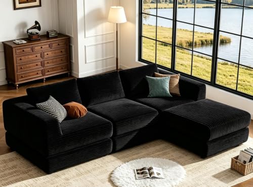 POYISOU L Shaped Boneless Modular Sectional in black corduroy, shown in L configuration — proves the shallow-depth footprint that anchors this pick