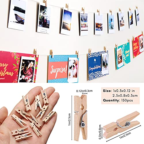 Clothes-Pins-Mini-Clothespins-Wooden-Photo-Clips-1-Inch-150-PCS-Decorative-Small-Tiny-Close-Pins-with-32-FT-Jute-Twine-Hanging-String-for-Crafts-Baby-Shower-Games-Pictures-Wall-Dispaly-Holders