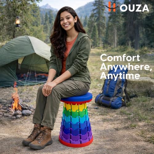 Image of HOUZA Telescopic Foldable Stool for Travel, Sitting, Camping, Picnic, Hiking, Garden, Indoor & Outdoor Use | Lightweight Collapsible Portable Folding Stool for Kids & Adults (Blue)