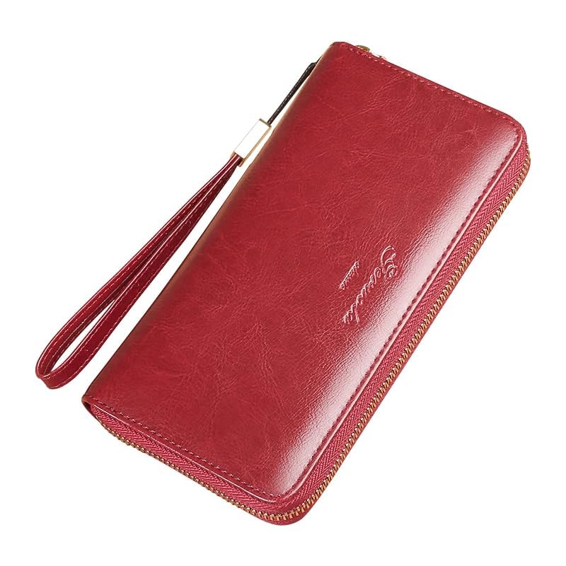 Womens Wallet Genuine Leather RFID Blocking Wristlet Long Purse, Large Capacity Clutch Zip Card Holder, Birthday Gift for Mom Wife Ladies (Wine Red)2