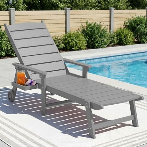 BIXUYOU Outdoor-Liegestuhl mit Rollen 2 m Lange Sonnenliege 5-Fach verstellbare Rückenlehne (Flache Liegeposition) ausklappbares Seitentablett wetterfest für Pool Terrasse und Strand