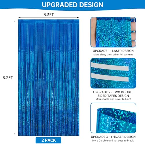 Image of 2 Pack 3.3 x 8.2 ft Tinsel Foil Fringe Curtain Backdrop, Upgraded Blue Glitter Metallic Streamers Backdrop Curtains for Birthday Parties, Baby Shower, Under the sea, Ocean Mermaid Party Decorations