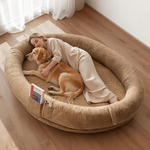 VEVOR Cama para Perros de Diseño Ovalado, Tamaño Humano, 177 x 123 x 24 cm, Ortopédica, de Espuma Viscoelástica, con Bolsillo Lateral, Asa y Cremallera, Funda Extraíble y Lavable a Máquina, Marrón