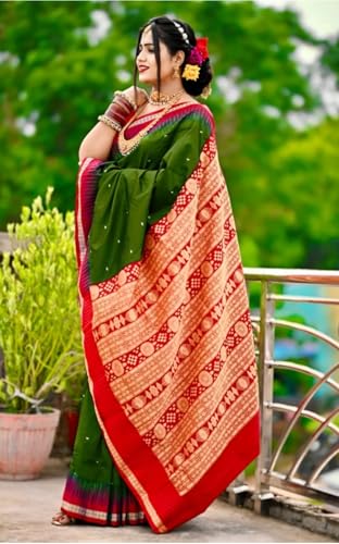 Image of NEW COLLECTION Women's Odisha Handloom Sambalpuri Pata Saree Temple Border Pasapalli Bomkai Buti Boyanika Design Saree Banarasi Soft Papa Silk Simple Ethnic Orissa Sari with Blouse Piece