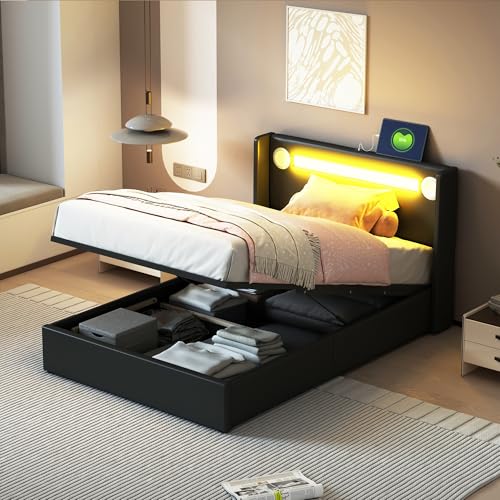 LAKFEW Cama Individual Cama 90x200 cm con USB y Luz LED, Camas Juveniles con Reproductor Bluetooth y Almacenamiento Hidráulico, Camas Individuales, Estructura Metálica, PU, Negro, Sin Colchón