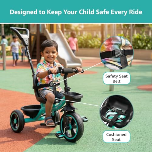 Image of Amazon Brand - Symactive Tricycle for Kids | Plug N Play | Baby Cycle with Parental Control, Eva Wheels, Bell, Seat, Belt & Basket | Kids Tricycle | 2+ Years Unisex | Weight Limit 25 Kgs (Ice Blue)