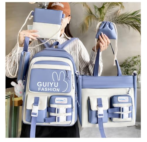 Cute backpack with accessories kawaii 5PCS Set Large Capacity Backpack (Blue five-piece set)3