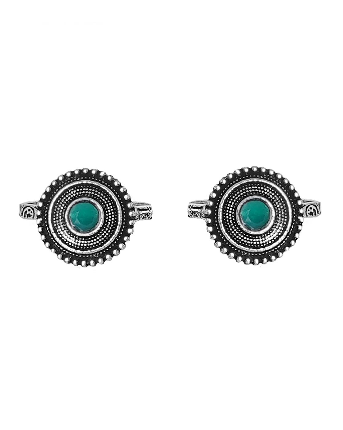 Shaanvi Green Stone Silver Oxidised Toe Rings For Women - Size 17