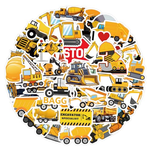 Excavator Truck Stickers for Kids Boys Girls 55pcs Cute Excavatores Sticker Waterproof Vinyl Decals for Water Bottle Laptop Skateboard Helmet Luggage Party Favors Birthday Gift (Excavator)