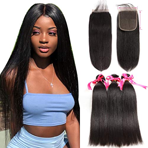 AliPearl Hair Straight Human Hair 3 Bundles With 5x5 Closure Brazilian Hair Weave Bundles Natural Color Remy Hair Extension Ali Pearl Hair(20 22 24+ 5×5closure 18)