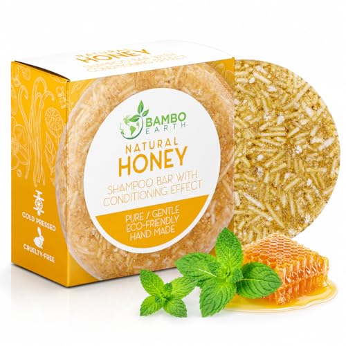 BAMBOEARTH Solid Shampoo Bar And Conditioner Effect Hair Soap – 100% Organic Shampoo Bars For Hair With All Natural Plant Based Essential Oils And Zero Waste Biodegradable Packaging (Honey)