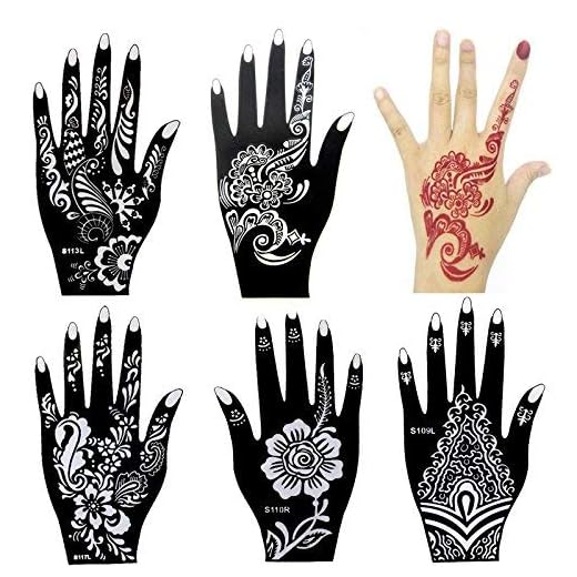 Xmasir 6 Pieces India Henna Tattoo Stencil Kit for Women Girl Hand Art Painting Temporary Tattoo Sticker Glitter Templates 20 X 10.5cm