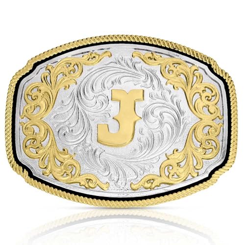 Montana Silversmiths Engraved Filigree Silver and Gold Tone Initial Rope Border Western Belt Buckle