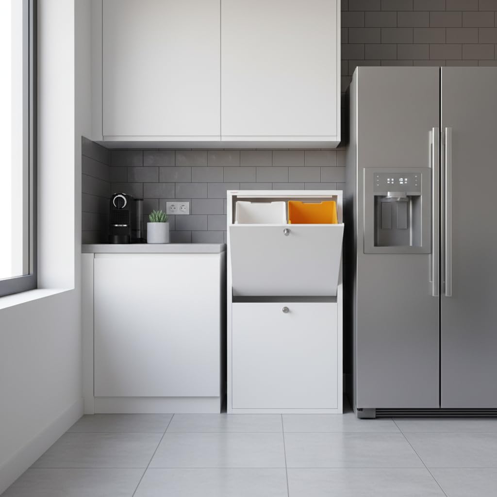 DON HIERRO EMI Cubo de Reciclaje 4 Compartimentos 80 L – Mueble Metálico Blanco de Diseño Moderno y Funcional – Hecho en España – Entrega Montado