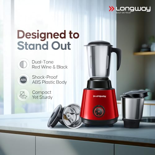 Image of Longway Super Pro Mixer Grinder | 500 Watt Powerful Motor | 3 Jars for Grinding, Mixing, Juicing | 2 Years Warranty (Red & Wine)
