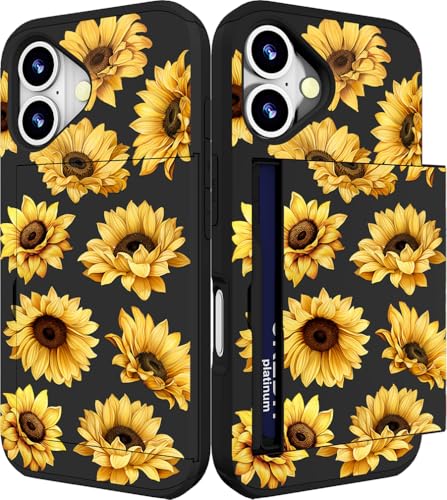 IWONE for iPhone 17 Case - Yellow Sunflowers Flowers | Phone Wallet Slot Cases with Card Holder, Cute Floral Cover Shockproof Drop Protection for Women