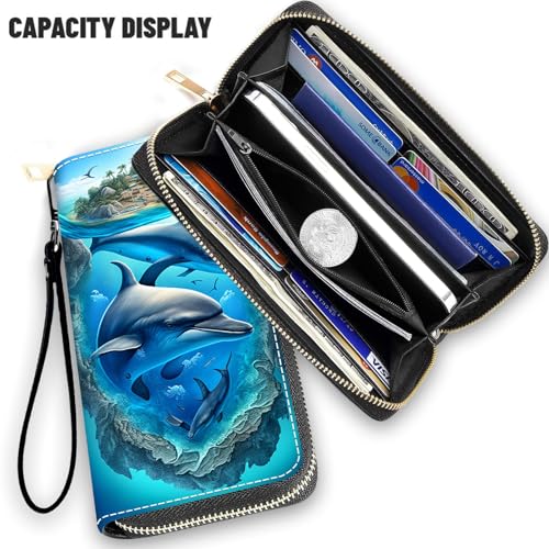 Wallet,Large Capacity RFID Blocking Leather Wallet, Durable Smooth Zipper Clutch,Unisex Travel Wallet for Cards,Cash,and Coins - Dolphin2