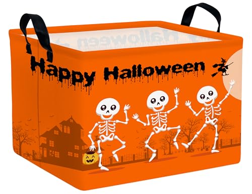 Image of Large Halloween Themed Candy Gift Boo Basket for Kids Baby Personalized Adults Storage Bin Fall Decor(Orange Dance Skeleton)
