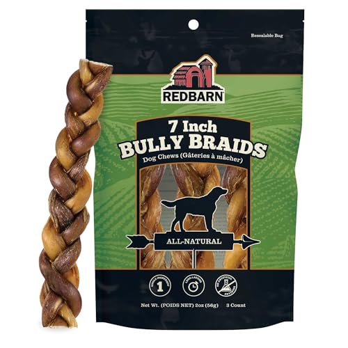 Redbarn 7 Premium Braided Bully Sticks for Dogs - Natural Single Ingredient Braid Treats Long-Lasting Chews Made from Slow Roasted Beef Rawhide-Free and Low Odor 3 Count
