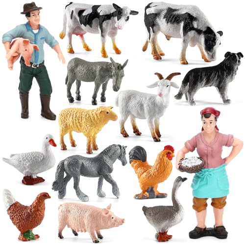 ONEST 14 Pieces Mini Farmer Figurines Hand Painted Farm Animals Figures Toys Realistic Detailed Cow Sheep Poultry Farmer Farm Animal Figurine Model Toys for Kids Toddlers