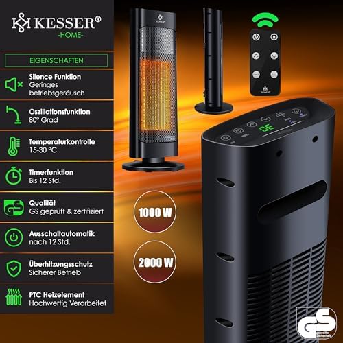 Bild 5 - KESSER® Heizlüfter mit Fernbedienung energiesparend leise 2000W Keramik Heizstrahler Standheizstrahler 15-30°C - Schnellheizer mit 80° Oszillationsfunktion 24h Timer Heizung Turmheizstrahler, Schwarz