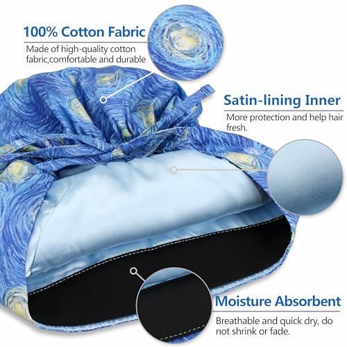 Image of QBA Adjustable Working Cap with Button, Satin-Lined Hat, Cotton Working Hat Sweatband, Elastic Tie Back Hats Unisex