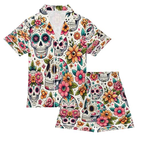 senya Pajama Sets Silky Button Down Nightwear Sleepwear Size 5-14 Years Flower Skull