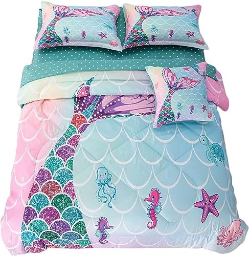ADASMILE A & S 6 Pieces Mermaid Comforter Full for Girls Kids Mermaid Bedding Fish Scale with Starfish Turtle Printed Bed in a Bag Comforter and Sheet Set Rainbow Mermaid Scale Bedding Home Decor