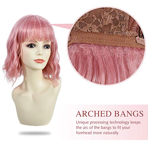 Image of Rose bud Wavy Bob Wig with Bangs Natural Pink Wig Synthetic Hair Shoulder Length Short Curly Wigs for Women