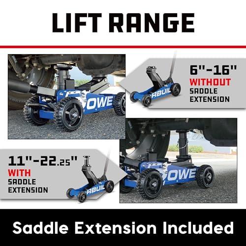 Image of Powerbuilt 2.5 Ton Big Wheel Off Road Jack, Vehicle Lift for Trucks, SUVs, ATVs Offroad Vehicles, Oversized Wheels for Rugged Terrain, 5000 LB Capacity, Blue 620620ECE