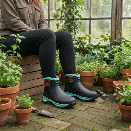 Image of WOVENPAK Women's Rubber Garden Boots, Ankle Rain Boots with Steel Shank, Waterproof Insulated Yard Gardening Shoes for Mud Working Outdoor Size 6-11