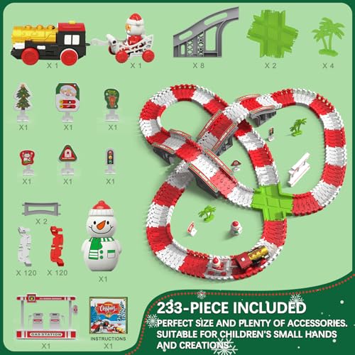 Christmas Race Tracks Toy Sets with 233 Accessories, Tracks Sets Toys Suitable for Child Age 3+,Christmas Theme Race Car Sets Toys Includ Flexible Tracks Electric Train with Lights Gift for Boys&Girls