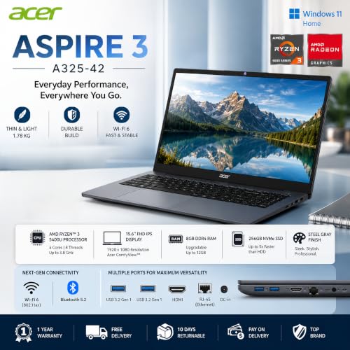 Image of Acer Aspire 3 Laptop A325-42 | 15.6 inch (39.6 cm) FHD IPS Display | AMD Ryzen 3 5400U | 8GB DDR4 RAM | 256GB NVMe SSD | Windows 11 Home | AMD Radeon Graphics | Wi-Fi 6 | Steel Gray | 1.78 Kg