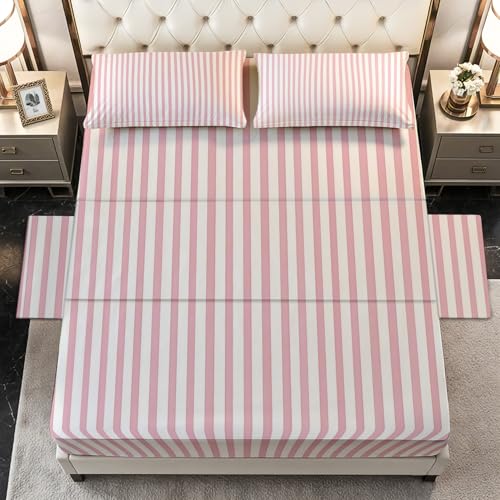 Striped Sheets Twin XL Size - Pink and White Stripe Bed Sheet Set - Deep Pocket Soft Microfiber Bedding Set 3 Piece - Fitted Flat Sheet Pillowcase - Striped Bedroom Decor & Gifts