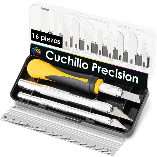 OfficeTree Cutter Manualidades Set - 16 Piezas - Bisturi para Manualidades - Escalpelo - Bisturi Manualidades Profesional por 3 Cutter Precision Diferentes y 13 Cuchilla