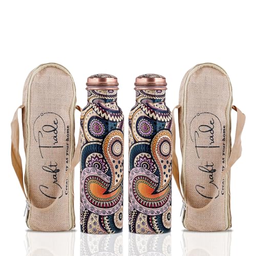 Craft Trade 100% Pure Copper Water Bottle (34 Oz) – Ayurveda Inspired Yoga Copper Bottle with Jute Carry Case, Handcrafted in Ethnic Print - Boosts Immunity, Leak-Proof, BPA-Free, Heavy-Duty - 2 Pk